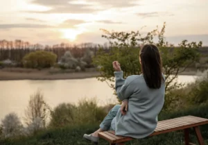 Mujer sentada en un banco de madera, contemplando un atardecer junto a un río, rodeada de naturaleza y árboles.